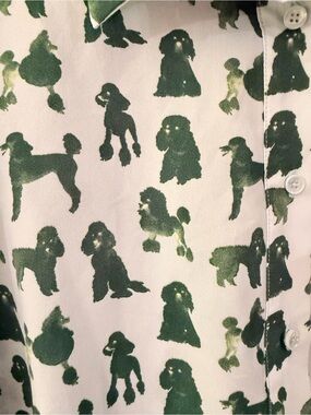 Societe Anonyme women’s Light Blue Shirt with Green Poodle doodle Print NWOT